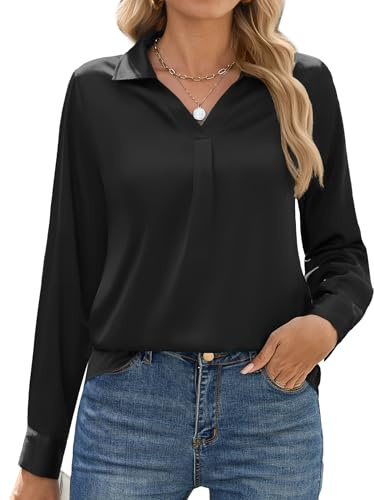 Zeagoo Chemise Femme en Satin, Manches Longues, Élégante, avec Col en V, en Soie, Manches Longues, Couleur Unie, Noir , Medium
