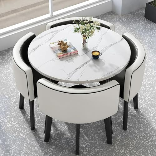 5 Piece Modern Dining Table Set, Kitchen Table Set for 4, Dining Table and Chairs Set with 4 Faux Leather Chairs, Dining Room Table Set for Small Space Apartment (White Round Black Chair)