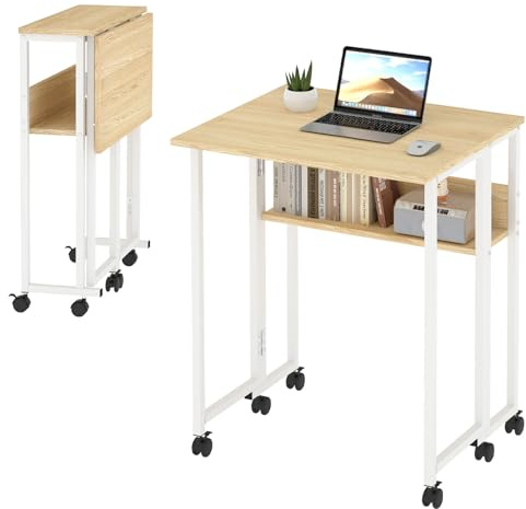 Levede Small Folding Desk with Wheels, 60x50cm Mobile Computer Desk with Storage Shelf & Brakes, Portable Rolling Laptop Table for Small Spaces, Study Bedside Office Desk, Oak & White