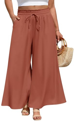 PASUDA Pantalon Fluide Femme Été Grande Taille Léger Pantalons Ample Décontractée Longueur Taille Haute Elastique Jambe Large Palazzo Pantalons Chic et Elegant avec Poches(Rouge Brique,4XL)