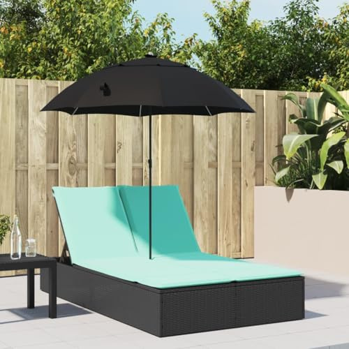 Owoxanthellate Double Outdoor Chaise Lounge with Turquoise Parasol, 78.7x64.6 PE Rattan Pool Lounger Set, Black Adjustable Backrest Sun Bed for Patio Garden Poolside