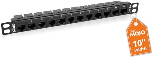 Tecmojo 10 tum 12-portars Cat6A patchpanel, 0,5U rackmonteringsmodulpanel med RJ45 Keystone-koppling, för 10''-serverskåp och nätverksskåp, 10 Gigabit Ethernet, svart.