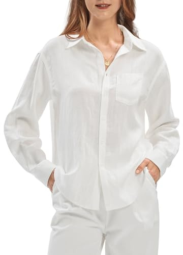 Willit Women's Linen Shirts Button Down Shirts Long Sleeve Beach Casual Summer Tops for Women Loose Fit Blouses White L