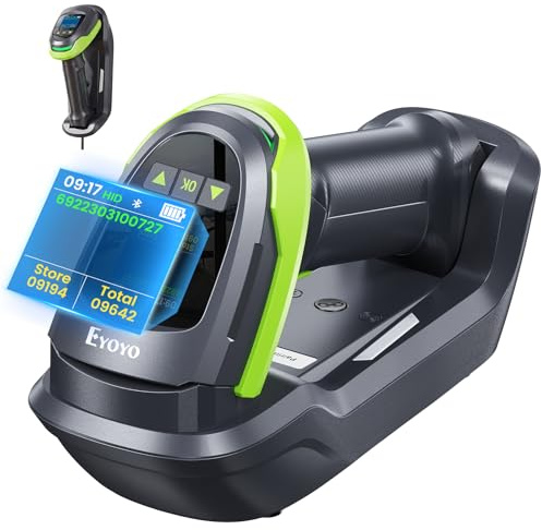 Eyoyo Handheld 1D 2D QR Bluetooth Wireless Barcode Scanner with Screen | 1.44 LCD, Wall-Mount Locking Charging Cradle, 2900mAh Removable Battery, USB Wired UPC Bar Code Reader for Warehouse POS