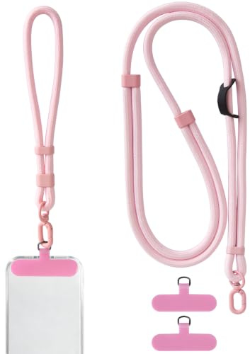 xiaozhifu 2 x Universellt mobilrep, justerbart mobiltelefonband med 3 lappar och 1 läderögla, 7 mm vävt mobilband, mobilhänge hals, telefonsnodd för hals, handled (rosa)