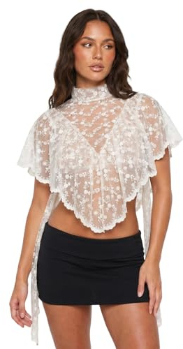 Felcia Women Summer Lace T Shirt Sheer Irregular Ruffled Flutter Sleeves Blouse Y2K Streetwear Grunge Clothes