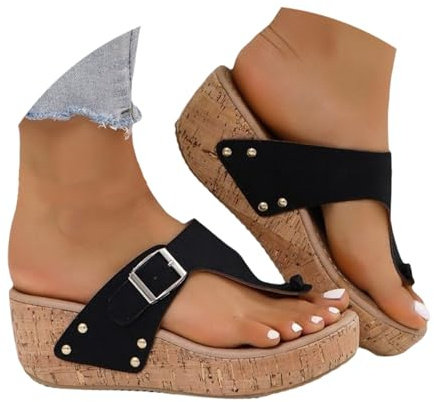 Flip Flops damer elegant läder pantoletter ortopediska tofflor espadriller för damer kilklack läder damer tåseparator, sommarskor för mors dag, platåsandaler, ventilerande strandsandaler