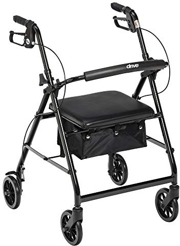 Drive Medical Aluminum Rollator Walker, Padded Seat, 6-Inch Wheels, Black