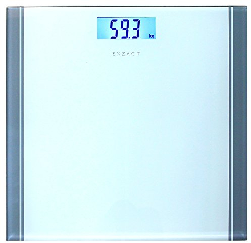 Exzact Digitale Personenwaage - Elektronische Körperwaage für Badezimmer, Große Kapazität 180kg, Hohe Präzision, LCD-Anzeige mit Hintergrundbeleuchtung (Weiß)