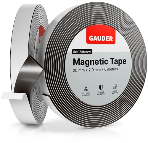 GAUDER Bande Magnétique Adhésif Puissant - Ruban Magnétique Découpable avec Force d’Adhérence Élevée - Ruban Aimanté Autocollant pour Bricolage (6 m x 20 mm)