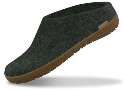 GLERUPS Slip On Slippers Women and Men with Rubber Sole (Green) | Unisex Slip-on Wool Slipper Shoes Women Men | Comfy Outdoor Indoor Slippers | Cosy Gents and Ladies Slippers