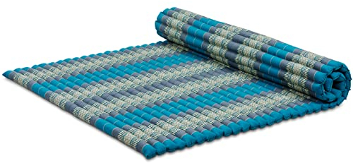 livasia Rollmatte XXL breit Doppelbett - 200x145x4,5cm - Gästebett Gästematratze 2 Personen mit Muster, Reisebett für Kofferraum und outdoor, Thaimatte Kapok Garten und Balkon (Hellblau)
