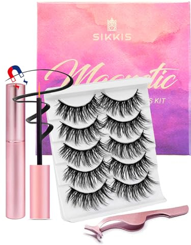 Sikkis Magnetic Eyelashes with Eyeliner - Magnetic Eyelashes Mink Look Kit, Mixed 3D Mink Reusable False Lashes with Applicator, No Glue Needed -5 Pairs