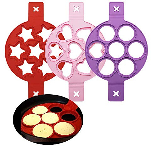 Moule à oeufs en silicone, 3PCS Moule à crêpes en forme de coeur, de rond et d'étoile pour gagner du temps de cuisson, moule à biscuits isolé pour une cuisson rapide et facile des oeufs