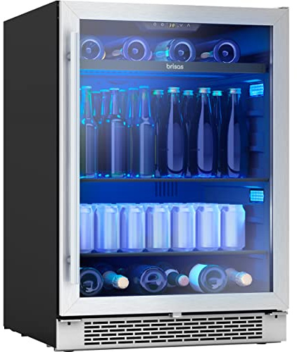 Zephyr Brisas 24 Inch Wine Fridge Single Zone Under Counter - Beverage and Wine Cooler Drink Refrigerator for Home with Glass Door 8 Bottles 112 cans