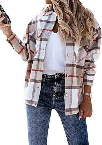 YMING Camisa Informal A Cuadros para Mujer Camisa De Franela De Algodón Camisa De Leñador De Manga Larga Blusa con Botones Caqui XXS