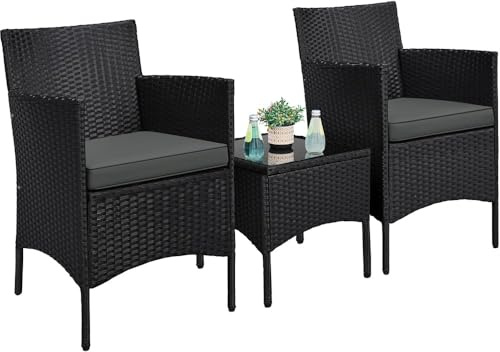 Yaheetech Salon de Jardin Exterieur Ensemble Mobilier de Jardin 2 Personnes Fauteuils et Table Basse Plateau Verre 2 Coussins Tressée pour Balcon Noir/Girs