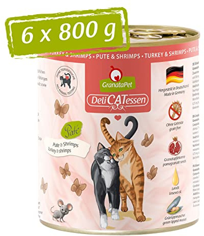 GranataPet DeliCatessen con tacchino e gamberetti, cibo umido gatti, gustose scatolette gatto senza cereali e zuccheri aggiunti, alimento umido per gatti, 6 x 800 g