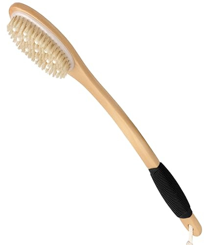 OWIIZI Bath Brush Wooden Curved Long Handle Antiskid Body Shower Brush for Exfoliating, Natural Bristle Back Scrubber for Shower Use Wet or Dry