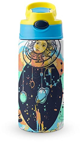 Thermos Cup 500Ml Retro Sun Planet Insulated Water Bottle with Straw for Sports and Travel 19x6.8 cm