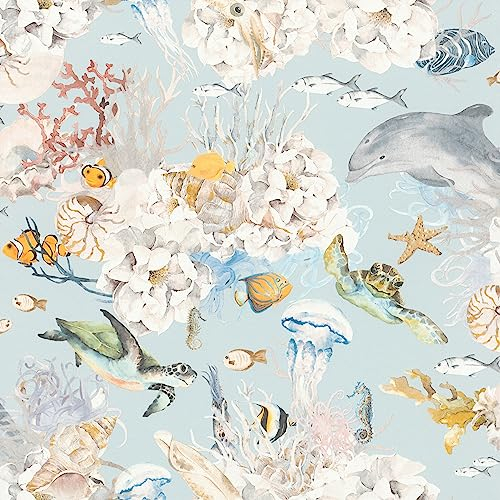 Rasch Papier peint 301328 - Papier peint intissé bleu clair avec monde sous-marin coloré et poissons - Papier peint coloré pour chambre d'enfant - 10,05 m x 0,53 m (L x l)