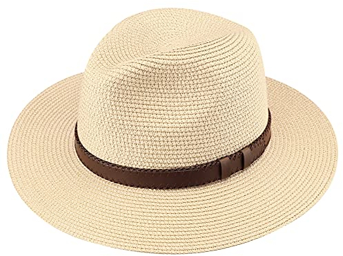 DRESHOW Damen Panama Hut Fedora Strand Sonnenhut Breiter Rand Stroh Aufrollen Hut UPF 50+
