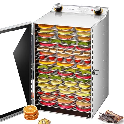 Essiccatore Alimentare Acciaio Inox,egolazione Precisa della Temperatura (30-90°C), Timer di 12 Ore, 18 Vassoi in Acciaio Inox,Essiccatore Multiuso,per alimenti Frutta, Veg, Carne, Funghi, Erba