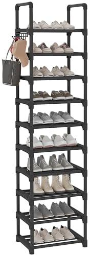 Lxvckly Shoe Rack, 10-Tier Shoe Storage Organizer, Metal Tall Shoe Shelf Holds 20-24 Pairs, Vertical Shoe & Boot Organizer for Narrow Spaces, Entryway, Closet, Hallway, Cloakroom, Garage Black