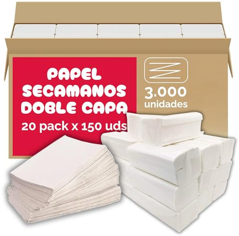 Papel Secamanos Zig Zag - 3000 Unidades - Toallas Papel Plegadas Doble Capa - 20 Paquetes x 150 Unidades - Desechables - Toallas para Dispensador