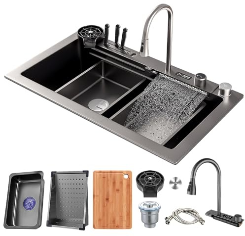 Évier De Cuisine Multifonction en Cascade, avec Robinet Extractible, Lave-gobelet, Porte-Couteaux Et Ensemble De Vidange, Évier De Cuisine en Acier Inoxydable, Évier De Bar(80x45x22cm)