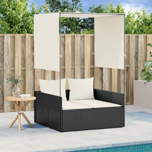 ShGaxin Doppel-Sonnenliege mit Dach und Vorhängen Schwarz Poly-Rattan, Gartenliege, Liegestuhl, Sonnenstuhl, Sonneninsel Outdoor, Liegen, Gartenmöbel, Bäderliege, Relaxliege - 4002755