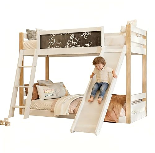 Azkoeesy Letto a Castello Montessori 90x200 cm Pino Bianco, Scivolo, Scaletta Inclinata, Parapetto, Lavagna da Disegno