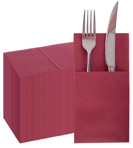 PHUNAT Lot de 50 serviettes jetables en tissu avec poche intégrée pour couverts, pré-pliées pour argenterie, fête de mariage, couleur rubis 40 x 40 cm