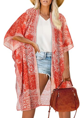 florynova Kimono for Women Summer Cardigans Open Front Swimsuit Cover Up Hawaiian Beach Shirts(Brown Red,S)