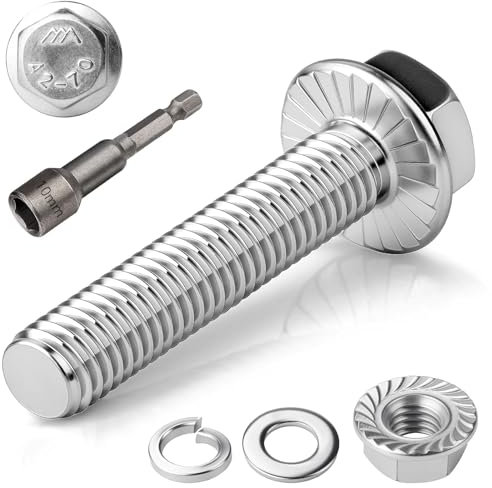 TXXATX 12 Piezas Tornillos Hexagonales M6x35mm Juego de Tornillos Acero Inoxidable A2 70 Totalmente Roscados Hexagonal Externo Tuercas de Flanco Arandelas Llave de Vaso para Construcción Maquinaria