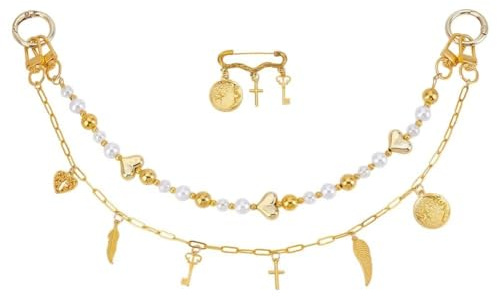 AHANDMAKER 3 in 1 Golden Bag Charms, Acrylic Round Beaded Chain Brass Heart Cross Pendant Bag Chain Metal Brooch Replacement Purse Charm Chains for Handbags Wallets Keychains Decorations Gifts