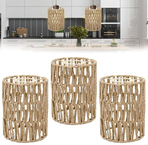 3 pezzi Paralume Boho: lampada a sospensione in rattan boho retrò, decorazione per lampada, paralume di ricambio, lampada a sospensione, copertura in rattan per plafoniere, lampada da terra
