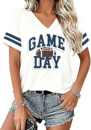 Football Shirts for Women Game Day T Shirt V Neck Funny Football Graphic Tee Casual Short Sleeve Tops White