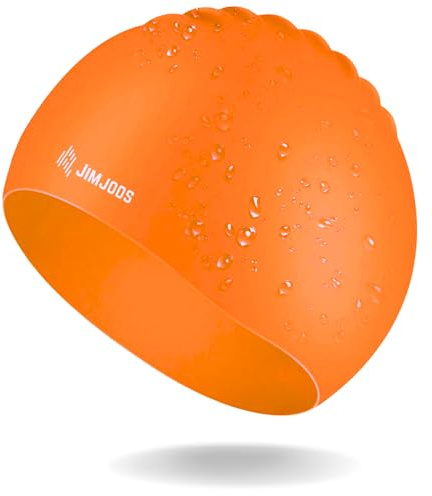 JIMJOOS Kids Swimming Cap 3–14 Years - Silicone Swim Cap for Boys & Girls - Anti-Slip, Stretchable, Waterproof Swimming Hat - Durable, Odour-Free Swim Hat with Protective Pouch (ORANGE, 9-14 Years)