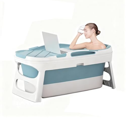 Baignoire Pliante Portable 3 Tailles avec Couvercle et Tuyau de Vidange Pliable Gain de Place pour Adultes Enfants Isolation 360°, Appartement Maison(Blue,Medium)