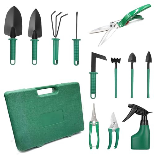 Kit de Herramientas de Jardín 12 Piezas, Herramientas de Jardín de Acero Inoxidable con Caja de Almacenamiento, Set de Jardinería con Maletín, Kit de Plantación, Herramientas Manuales