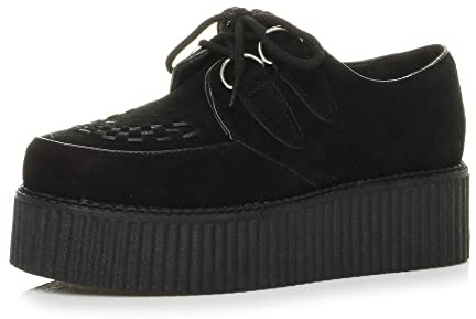 AJVANI Dam platt dubbel plattform kil snörning gotiska creepers skor stövlar storlek., Svart mocka, 41 EU