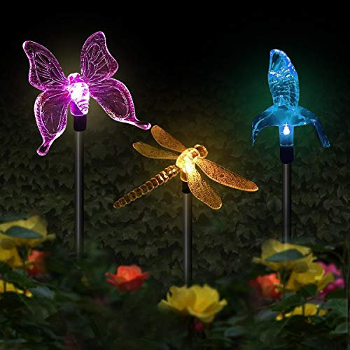 Lot de 3 lampes solaires de jardin à LED multicolores changeantes en formes de papillon, colibri, libellule Pour décoration de fête, éclairage de pelouse, cour, allée