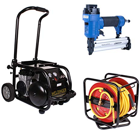 Aktionsset WELDINGER Flüsterkompressor FK 200 pro mobile + Druckluft-Schlauchaufroller 30 m + Klammergerät 5 Jahre Garantie