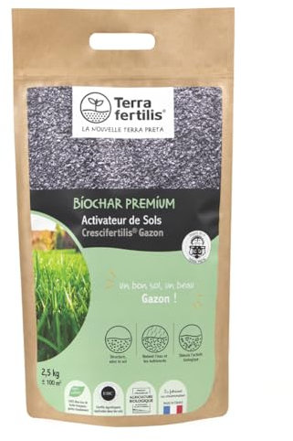 Terra Fertilis - Fertilisant Sols spécial Gazon - à base de Biochar (charbon végétal) - Retient l'eau et les nutriments au niveau racinaire - Améliore la résistance des pelouses - Sac 2,5 kg
