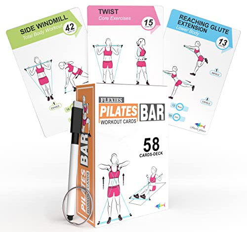 Flexies Pilates Bar Workout Cards - 58 Exercise Cards with Pilates Stick Work Out Postures, Instructions & Breathing Tips | Free Ring & Dry-Erase Marker to Create Your Customize Workout Planner Chart