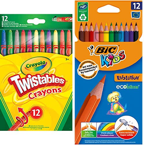 CRAYOLA Twistables Colouring Crayons - Assorted Colours (Pack of 12)| Ideal for Kids Aged 3+ & Bic Kids Evolution ECOlutions Colouring Pencils, Assorted Colours, 70g