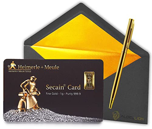 1g Gold-Barren Gold-Plättchen in Secain Card, 999.9 Feingold LBMA zertifiziert, Echtheitsgarantie + Albellion® Kugelschreiber gratis
