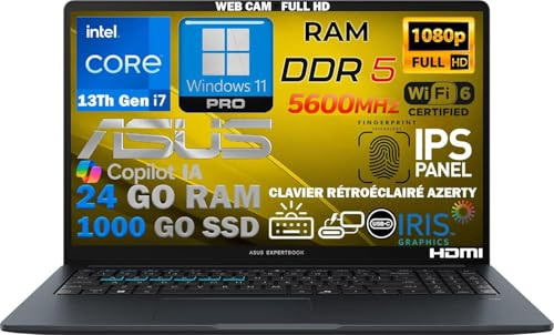ASUS Ordinateur Portable Intel i7 13ème 10 Coeurs 5Ghz, RAM 24 Go DDR5, SSD PCIe 1To, écran IPS 15,6 Full HD, WiFi6E, 4USB, Empreinte Digitale, Clavier rétroéclairé, Win11, déjà configuré, AZERTY