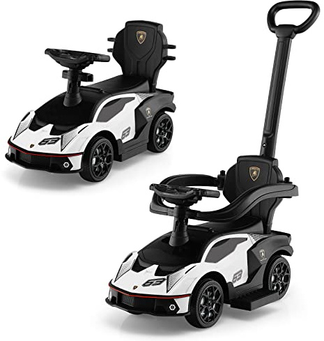 Costzon Push Cars for Toddlers, 3 in 1 Licensed Lamborghini Stroller Sliding Walking Car w/Handle, Armrest Guardrail, Underneath Storage, Horn, Foot-to-Floor Ride On Toy for Boys Girls (White)